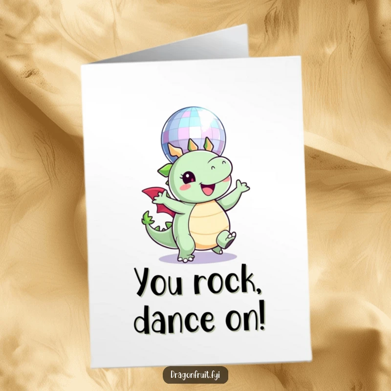 Funny Free Printable Congratulations Card: A happy dragonfruit character grooving under a disco ball, celebrating a fantastic achievement.