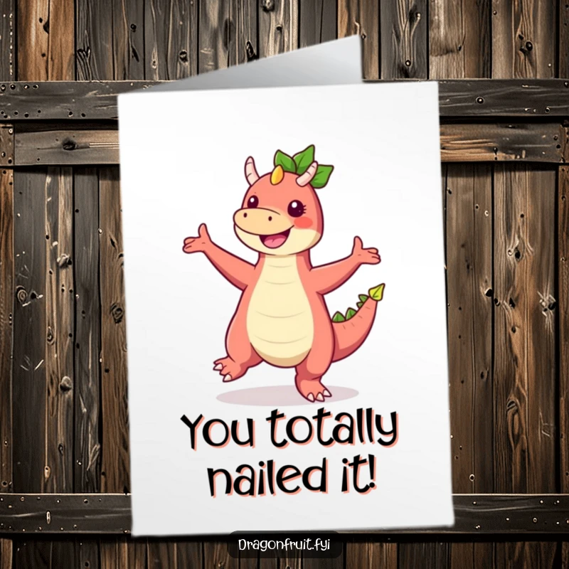Free printable congratulations card: a vibrant dragonfruit character joyfully dancing with legs akimbo and one arm raised.