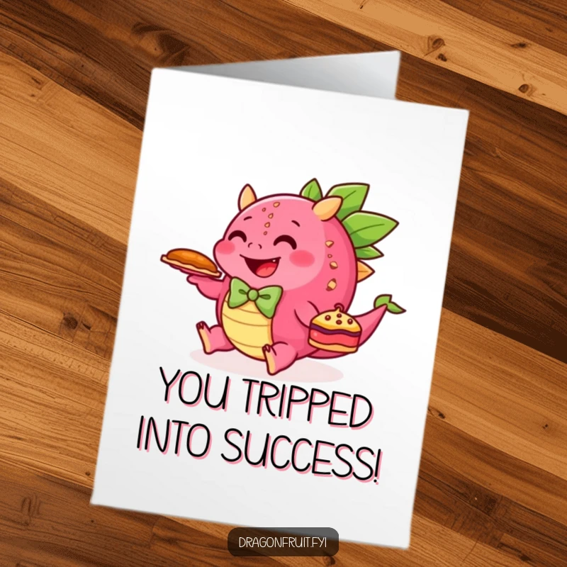 Funny Free Printable Congratulations Card of a happy dragonfruit in a bowtie tripping over its feet with a pie.