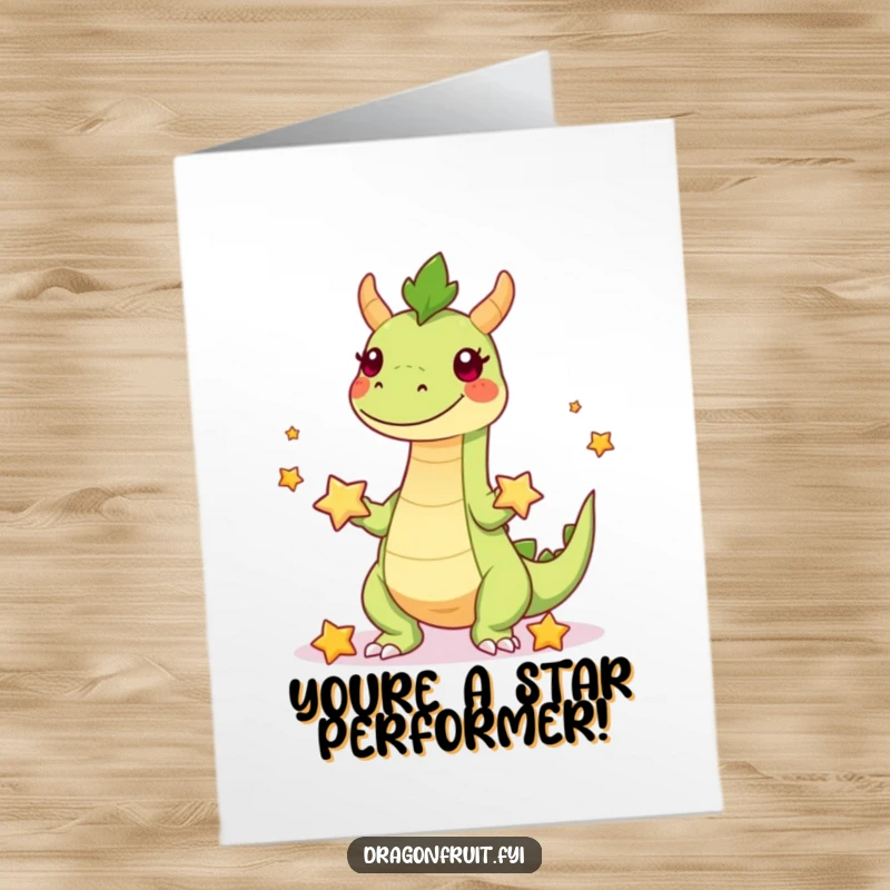 Free Printable Congratulations Card of a playful dragonfruit character with legs juggling starfruit, representing a shining accomplishment.