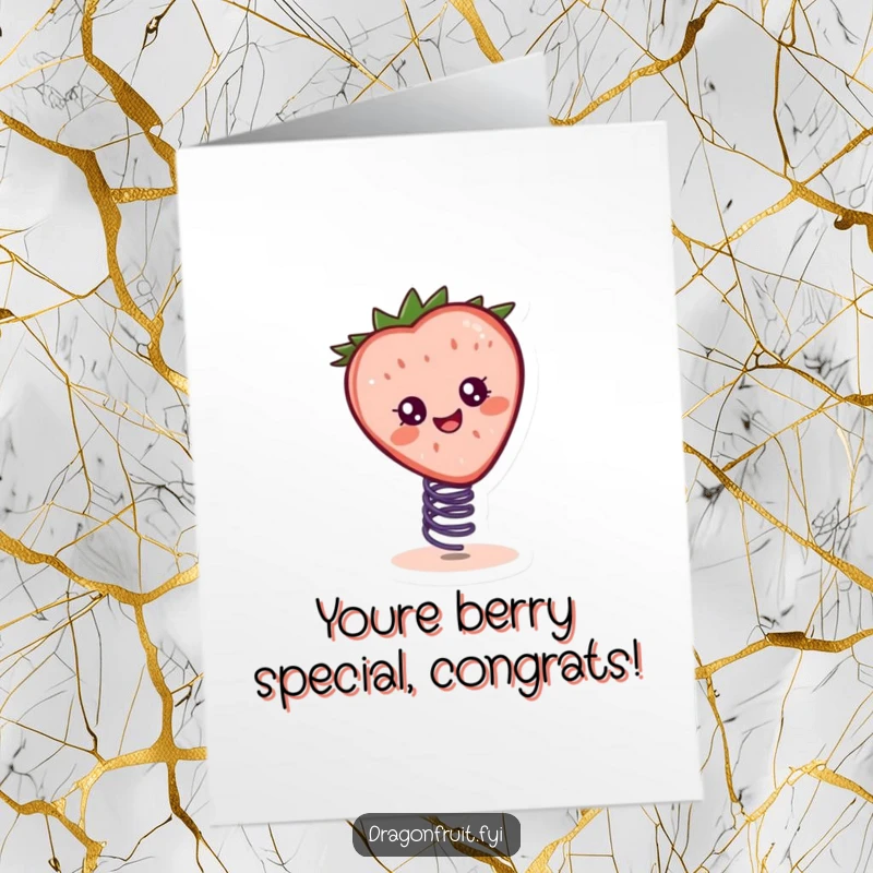 Funny Free Printable Congratulations Card: Cheerful Strawberry Slice with Eyes Joyfully Bouncing on a Small Spring