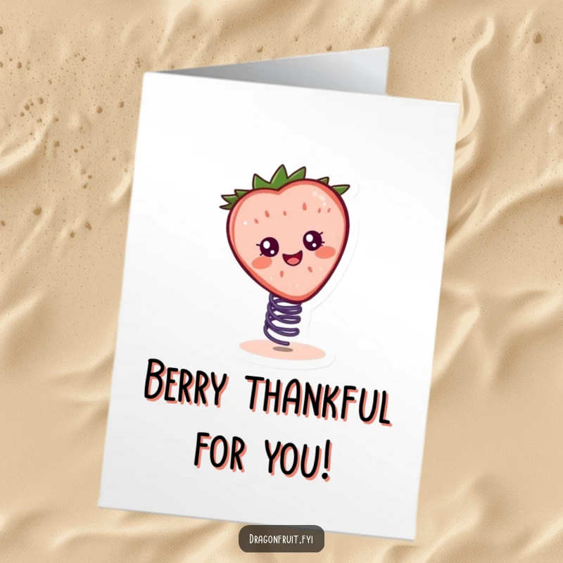 Funny Free Printable Thank You Card: Happy Strawberry Slice with Eyes Bouncing on a Tiny Spring, Spreading Positivity
