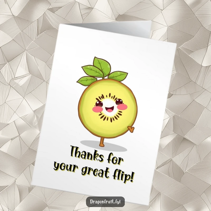 Funny Free Printable Thank You Card: Smiling Kiwi Slice Expertly Doing a Cartwheel with its Leafy Top