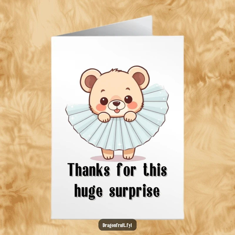 Funny Free Printable Thank You Card featuring a cheerful bear cub peeking out from behind a large, sparkly fan, sending thanks with a smile.