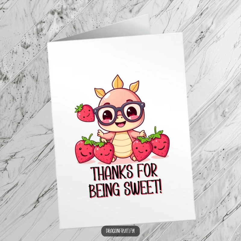 Funny Free Printable thank you card: dragonfruit with oversized glasses juggles strawberries, a whimsical way to express gratitude.