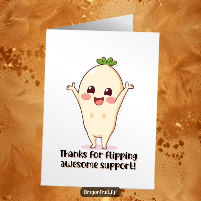 Funny Free Printable Thank You Card: Grateful Pitaya doing a handstand, expressing thanks with a silly, cheerful pose. A downloadable gift.