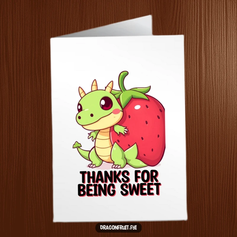 Funny Free Printable Thank You Card with a startled dragonfruit character hiding behind a comically large strawberry.