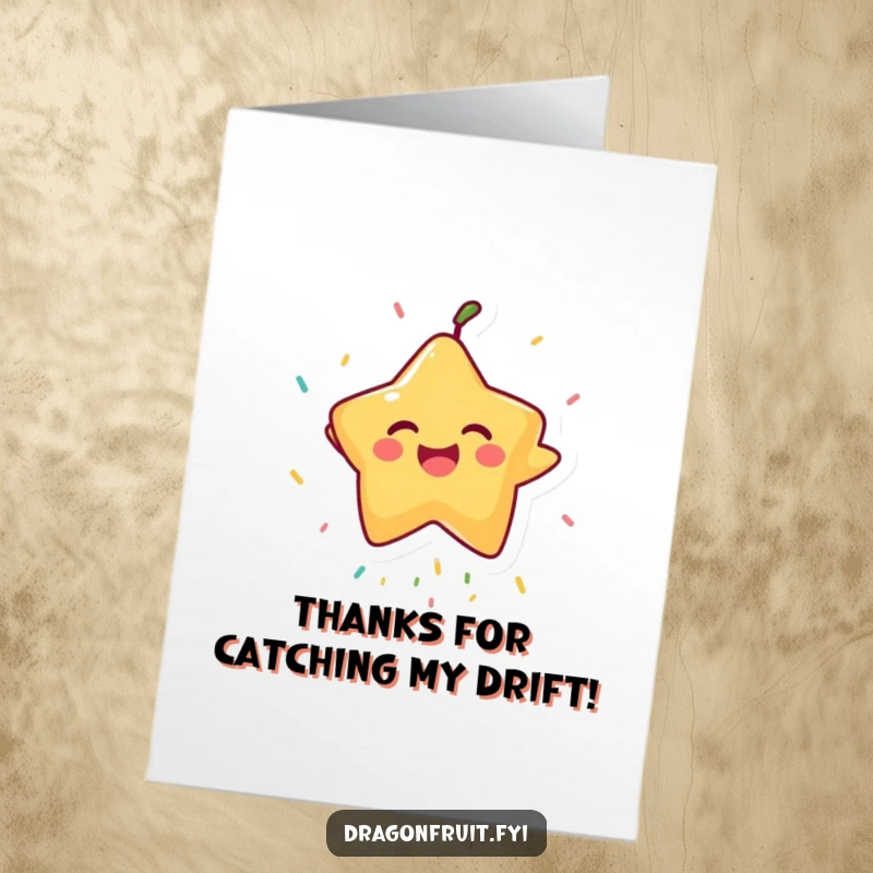 Funny Free Printable Thank You Card: A happy Starfruit catching sprinkles, expressing thanks with a funny, delightful pose. A downloadable gift.