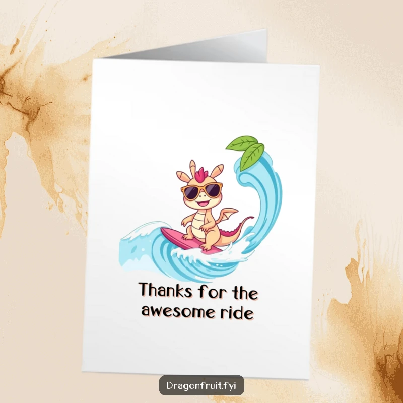Funny free printable thank you card with a dragonfruit wearing shades, surfing a wave, sending cool thanks your way.