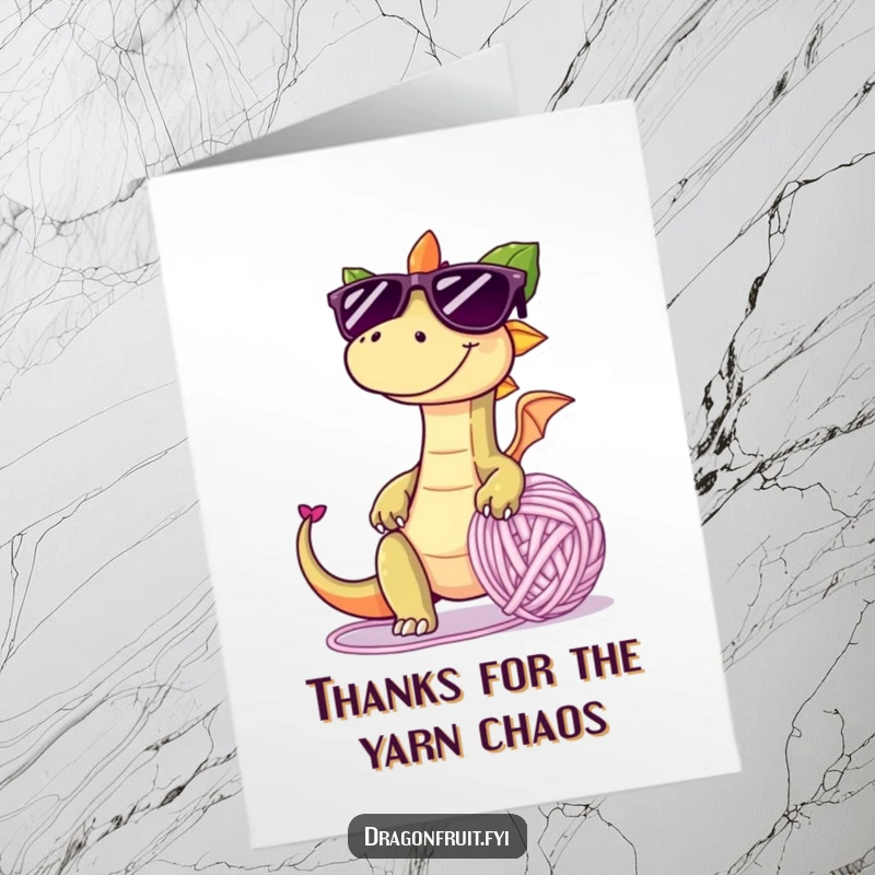 Funny Free Printable Thank You Card: A mischievous dragonfruit in sunglasses trips over yarn, sending thanks from a funny mess.