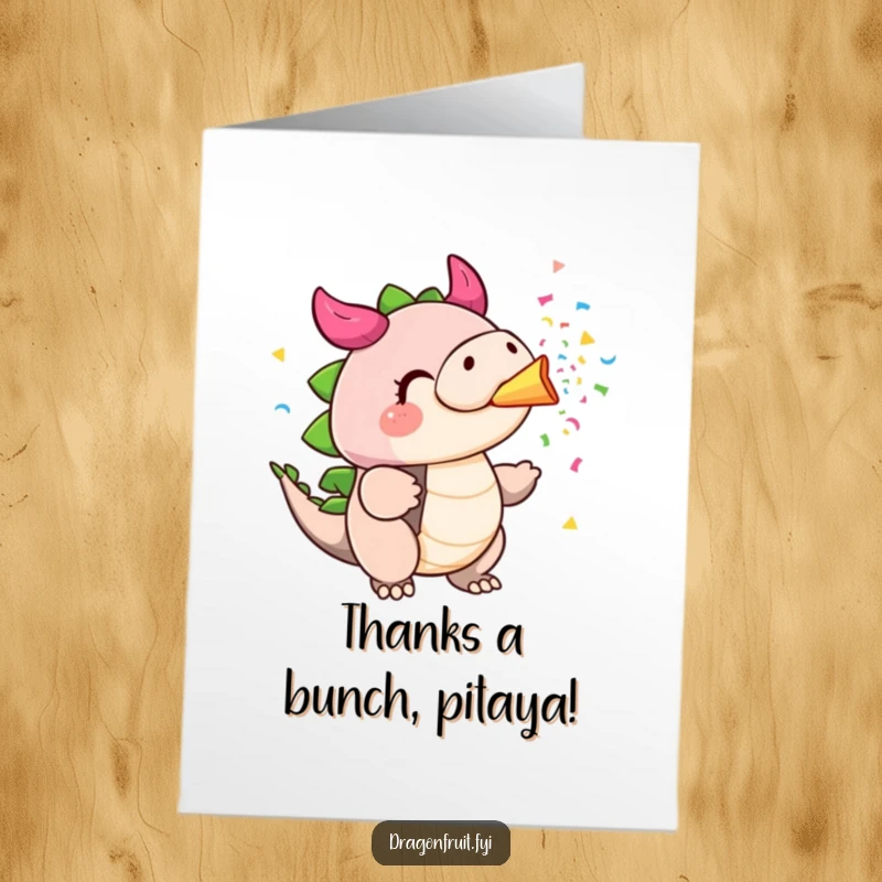 Funny Free Printable Dragonfruit Thank You Card: Blowing colorful confetti, expressing thanks with a festive party blast.