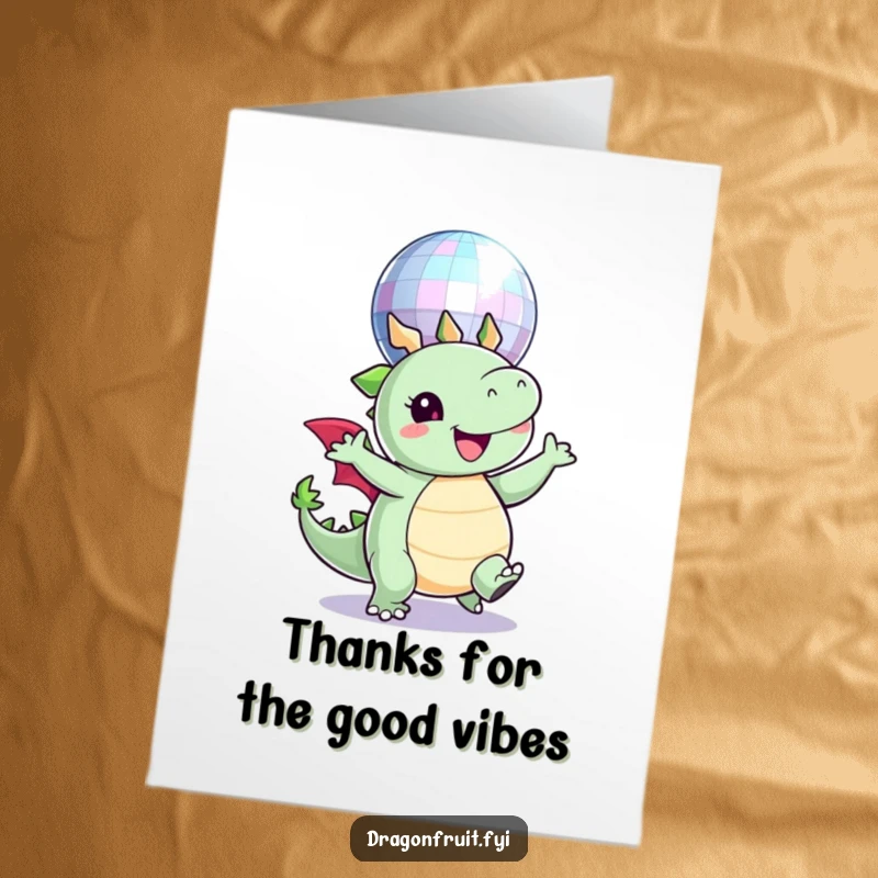 Funny Free Printable Thank You Card: A cheerful dragonfruit character dancing under a disco ball, expressing thanks with rhythm.