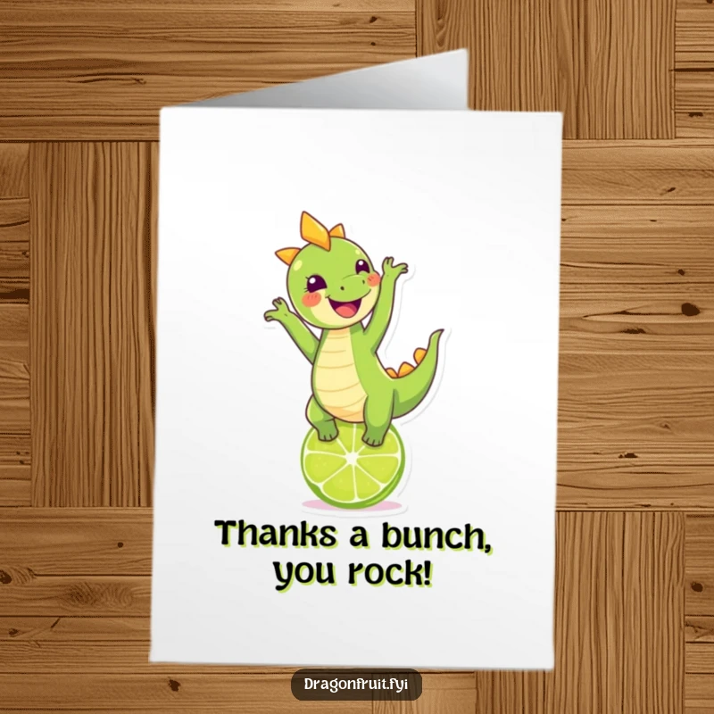 Funny Free Printable thank you card with a smiling, giggling dragonfruit character doing a handstand on a lime.