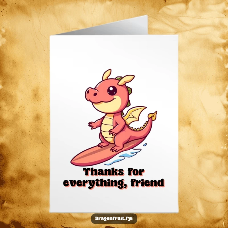 Funny Free Printable Thank You Card showing a giggling dragonfruit character expertly riding a banana slice surfboard.