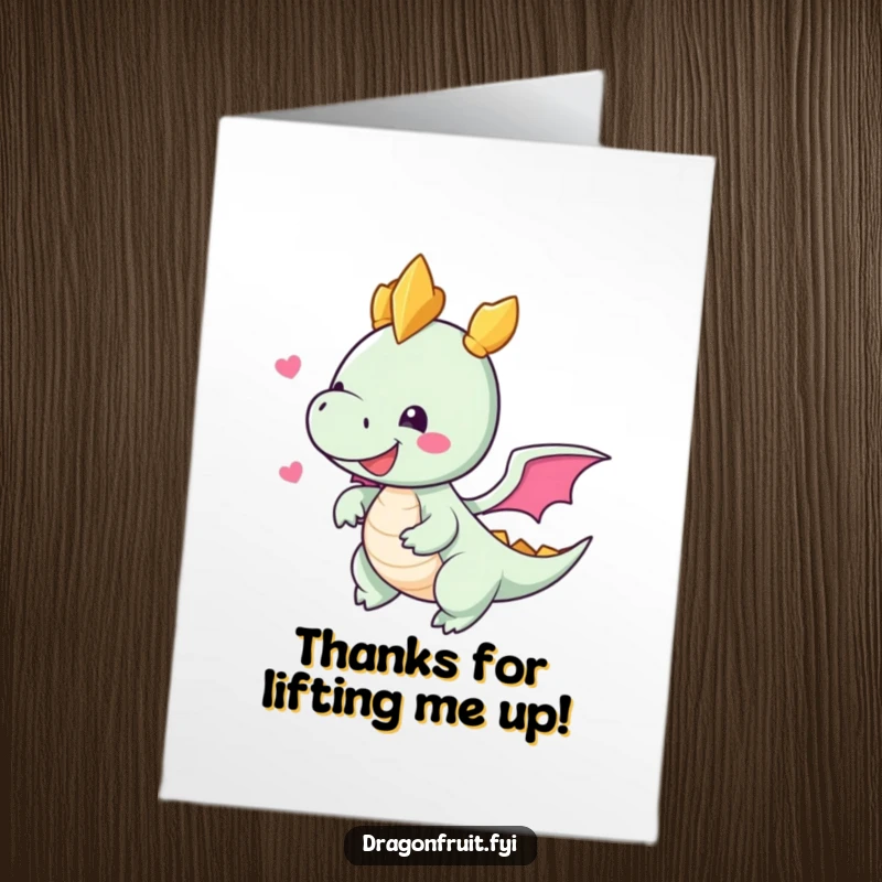 Funny Free Printable Thank You Card of a happy dragonfruit character with little wings, attempting an optimistic flight to convey thanks.