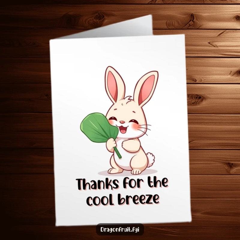 Funny Free Printable Thank You Card of a giggling bunny rabbit fanning itself with a big leaf, conveying thanks in a humorous, charming way.