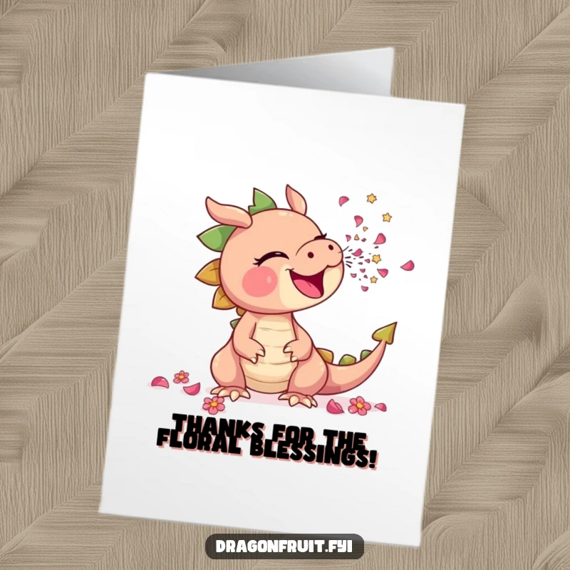 Funny Free Printable Thank You Card: Dragonfruit sneezing a shower of flowers, floral thank you, humorous gratitude, downloadable.