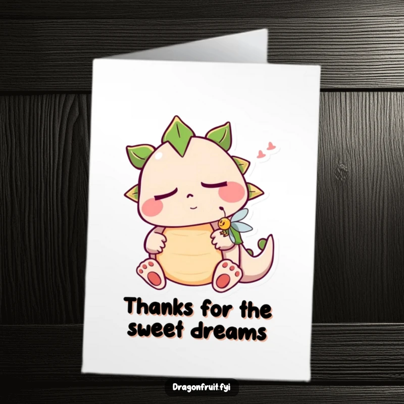 Funny Free Printable Thank You Card: Sleepy dragonfruit giving thanks while peacefully snoring, accompanied by a tiny fly.