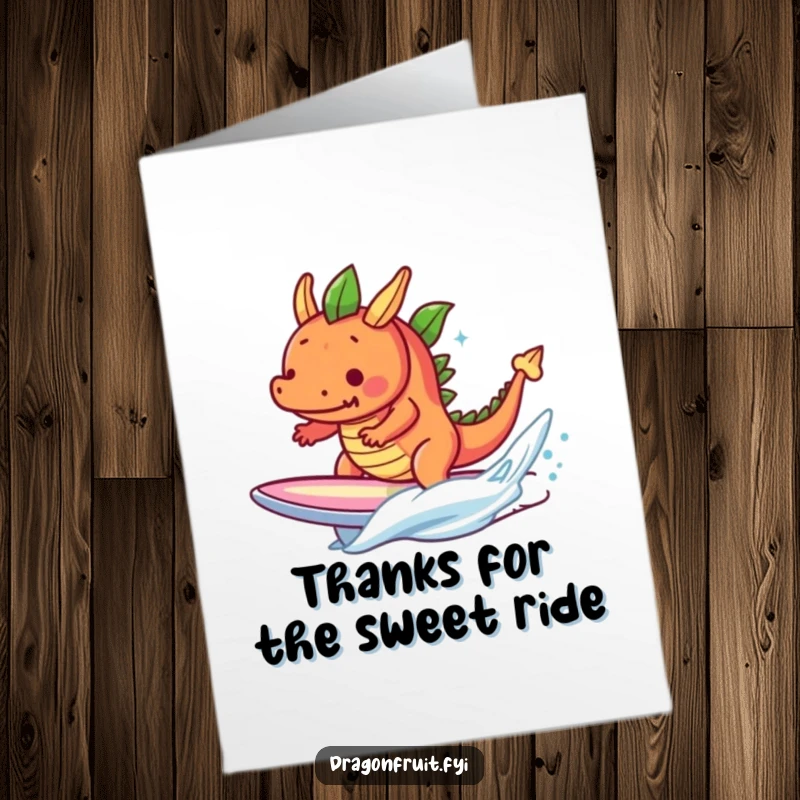 Funny Free Printable Thank You Card: Determined Dragonfruit Surfer Dude Catching a Tiny Wave on a Surfboard, Expressing Thanks.
