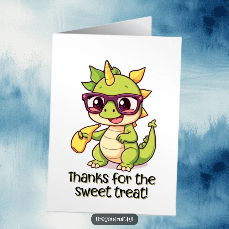 Funny Free Printable Thank You Card: Dragonfruit wearing glasses dramatically points at a banana split, downloadable.