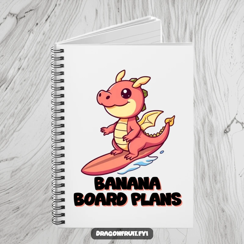Funny notebook cover with a happy dragonfruit character surfing a banana slice surfboard, ideal for tropical themed notes.
