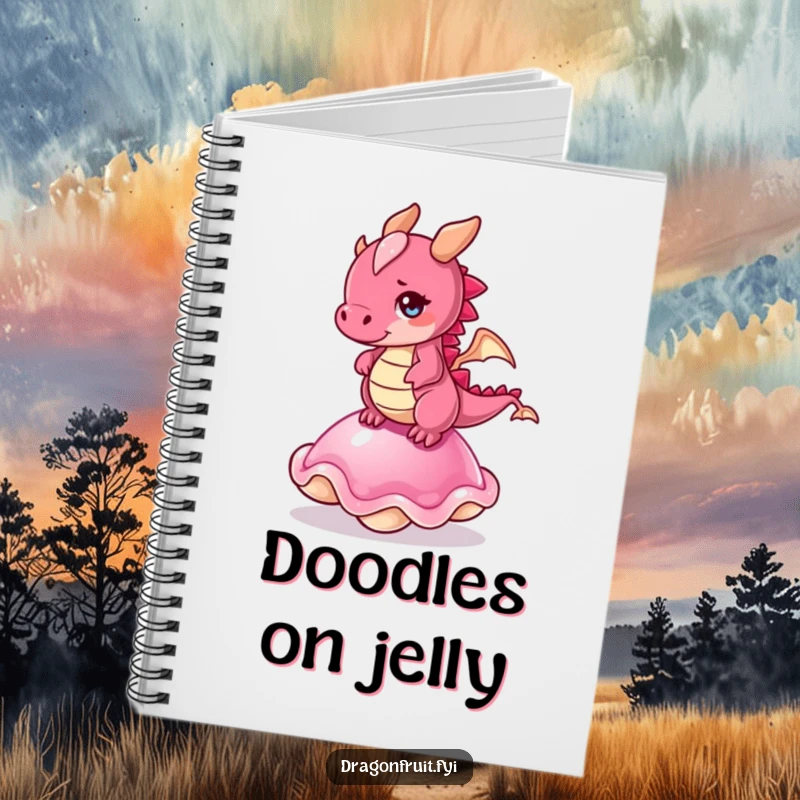 Funny notebook: a dragonfruit character trying to balance on a wobbly jelly, perfect for jotting funny notes.
