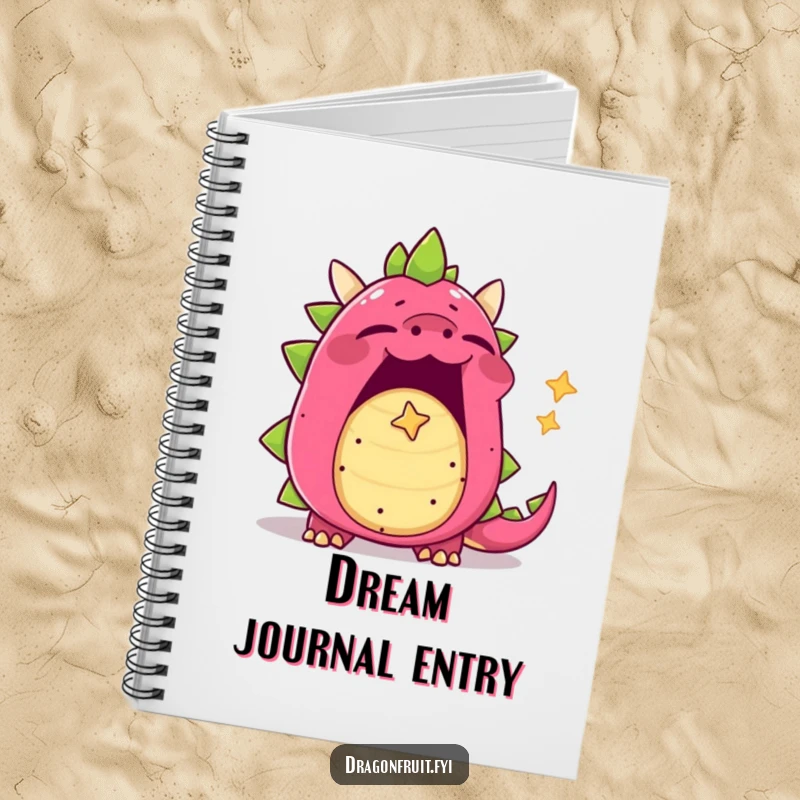 Funny dragonfruit notebook, yawning character with mouth wide open, blowing a tiny star-shaped bubble, perfect for notes.