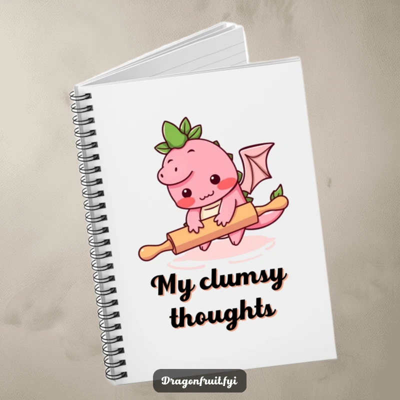 Funny notebook cover with a bashful dragonfruit character tripping over a rolling pin, ideal for kitchen notes and recipes.