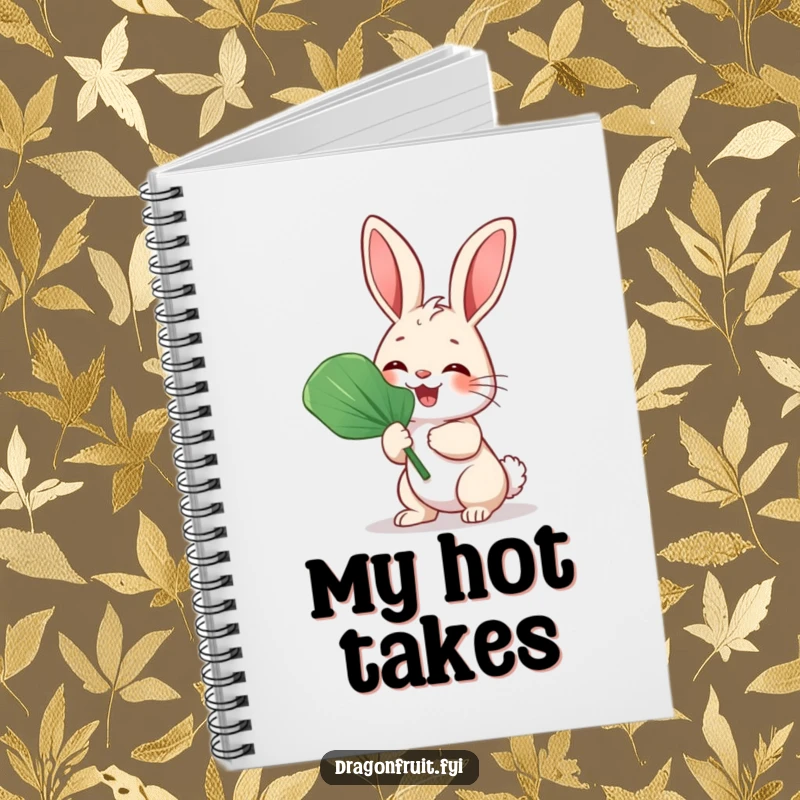 Funny Bunny Rabbit Fan Notebook with a giggling rabbit fanning itself with a large leaf, ideal for notes.