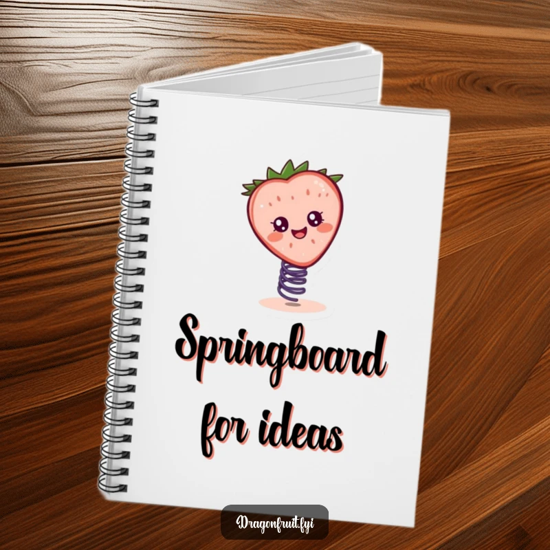 Funny notebook featuring a cheerful strawberry slice character bouncing on a spring, perfect for notes and playful ideas.