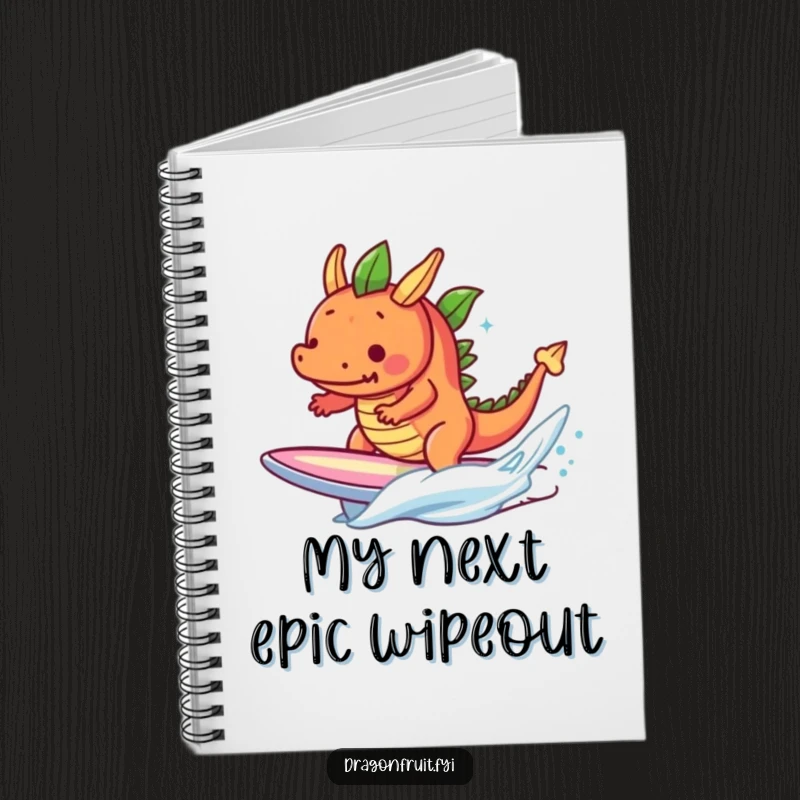 Funny determined dragonfruit character surfing a tiny wave on a surfboard, a humorous notebook for inspiration.