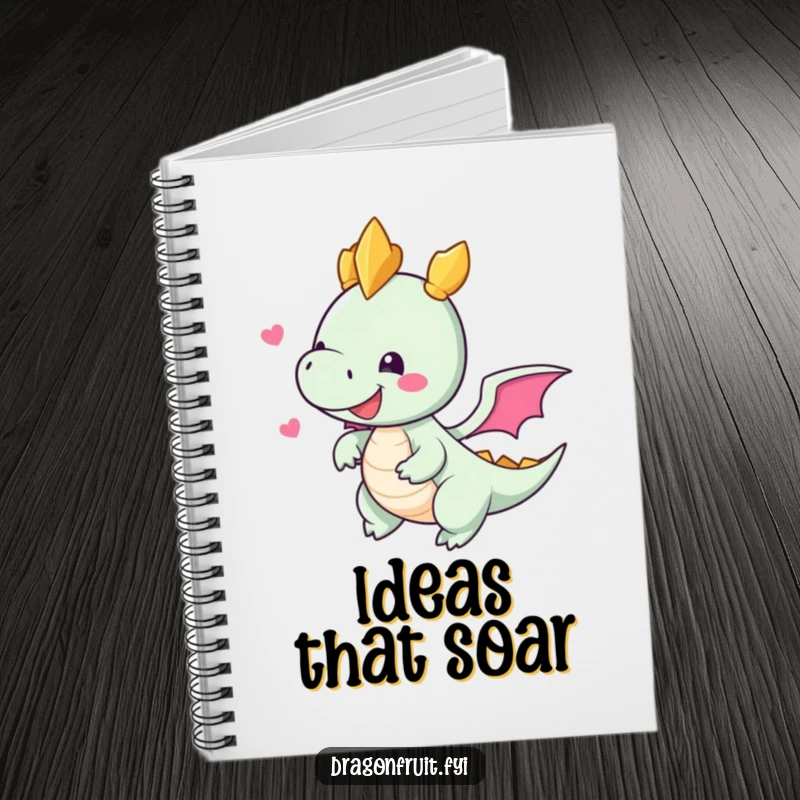 Funny notebook designed with a delighted dragonfruit character with tiny wings attempting flight, perfect for note-taking.