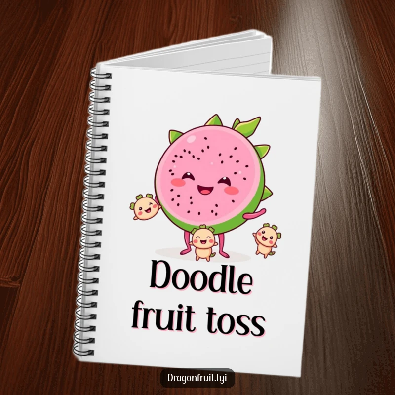 Funny notebook cover showing a smiling dragonfruit slice with tiny legs, juggling smaller segments, inspiring fruity creativity.