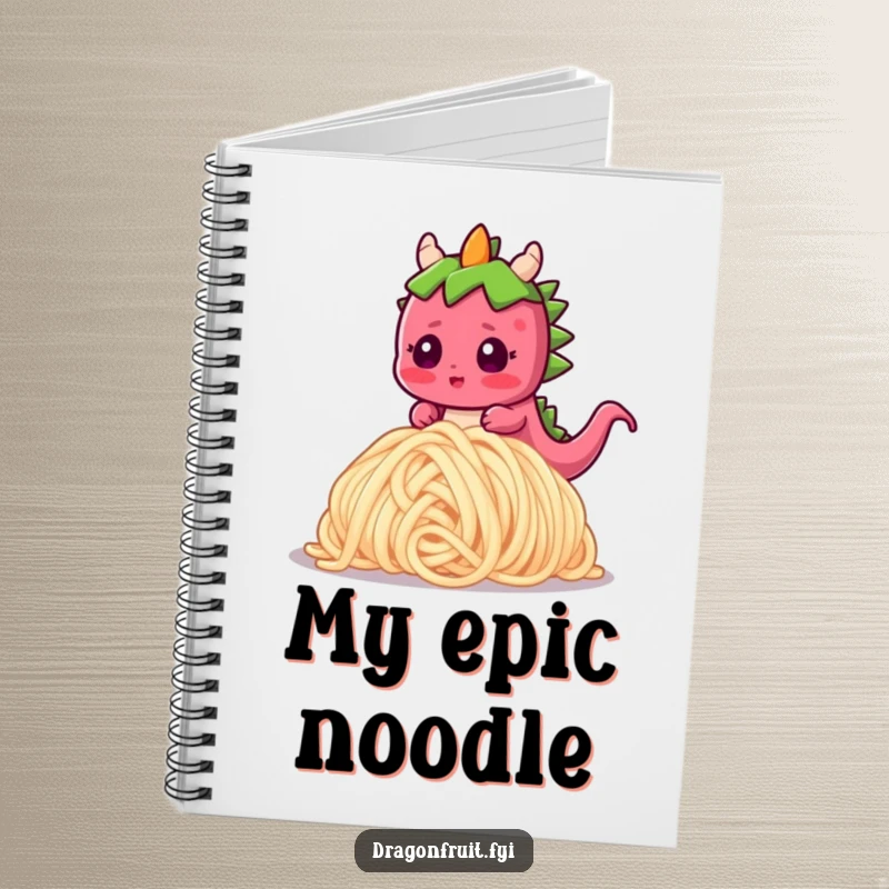 Funny notebook cover art of a blushing dragonfruit character tripping over a giant noodle, expressing comical surprise.