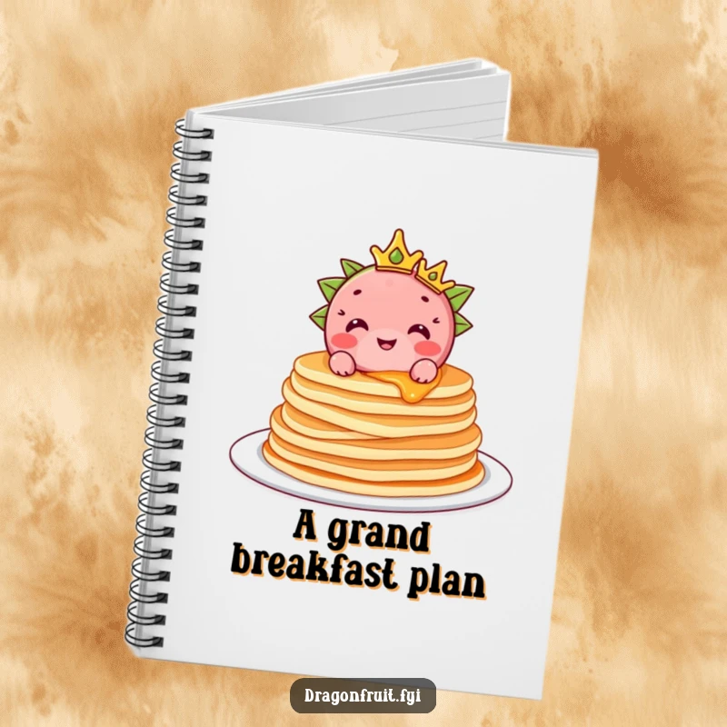 Funny Dragonfruit Notebook: A crowned dragonfruit character sits atop pancakes on the cover, ideal for journaling royal thoughts.