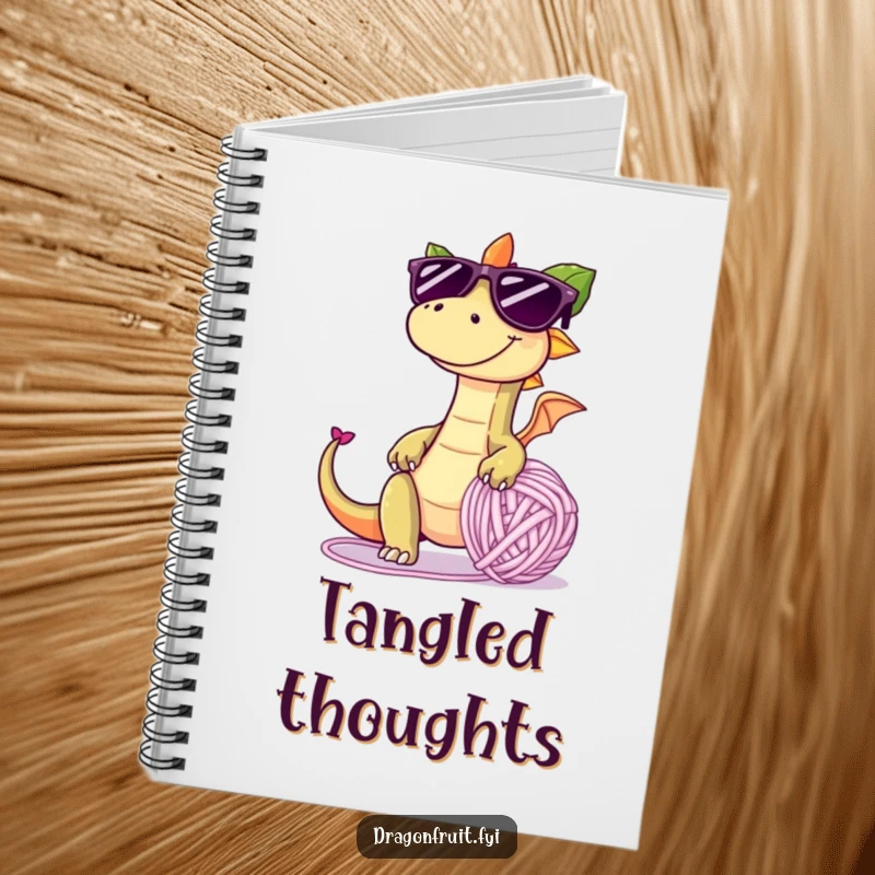 Funny notebook cover showing a dragonfruit with oversized sunglasses and mischievous grin, tripping over a giant yarn ball, inspiring playful creativity.