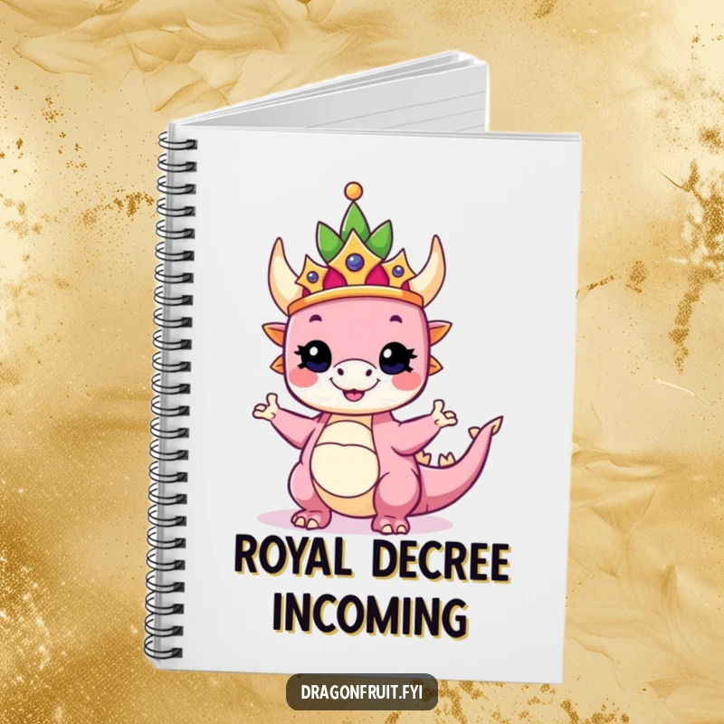 Funny notebook depicting a dragonfruit wearing a crown, striking a proud and silly pose, ideal for jotting regal thoughts.