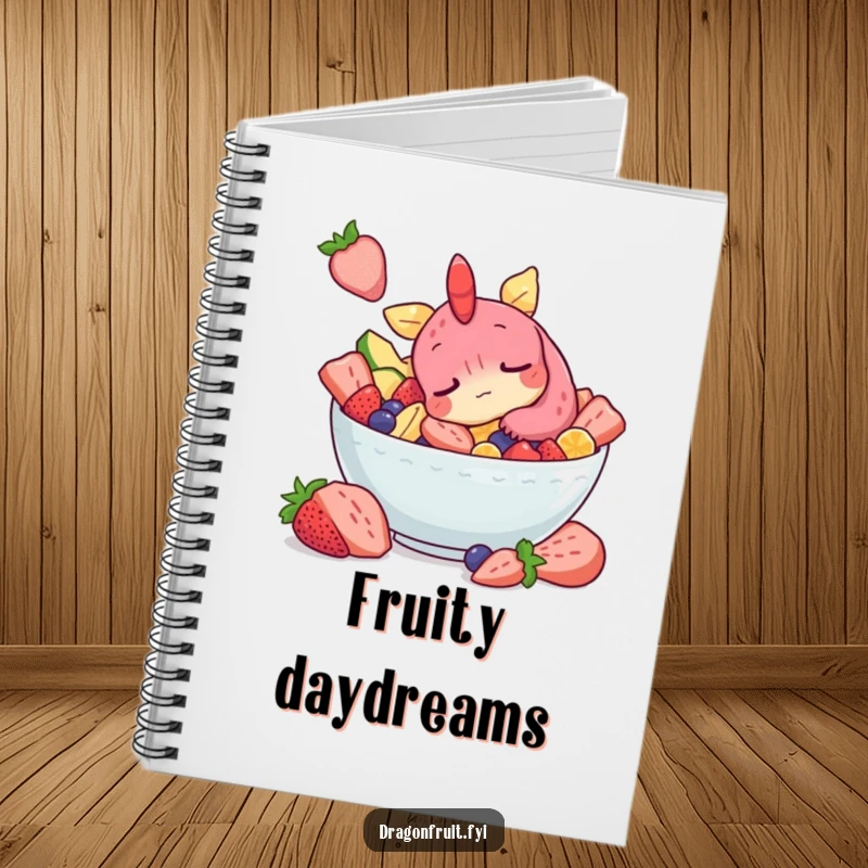 Funny notebook with a design of a sleepy dragonfruit character snoozing in a fruit salad, inspiring sweet dreams and notes.
