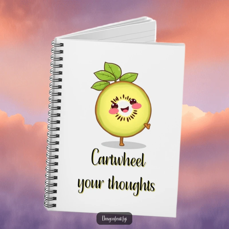 Funny notebook featuring a smiling kiwi slice doing a confident cartwheel, perfect for notes and energetic ideas.