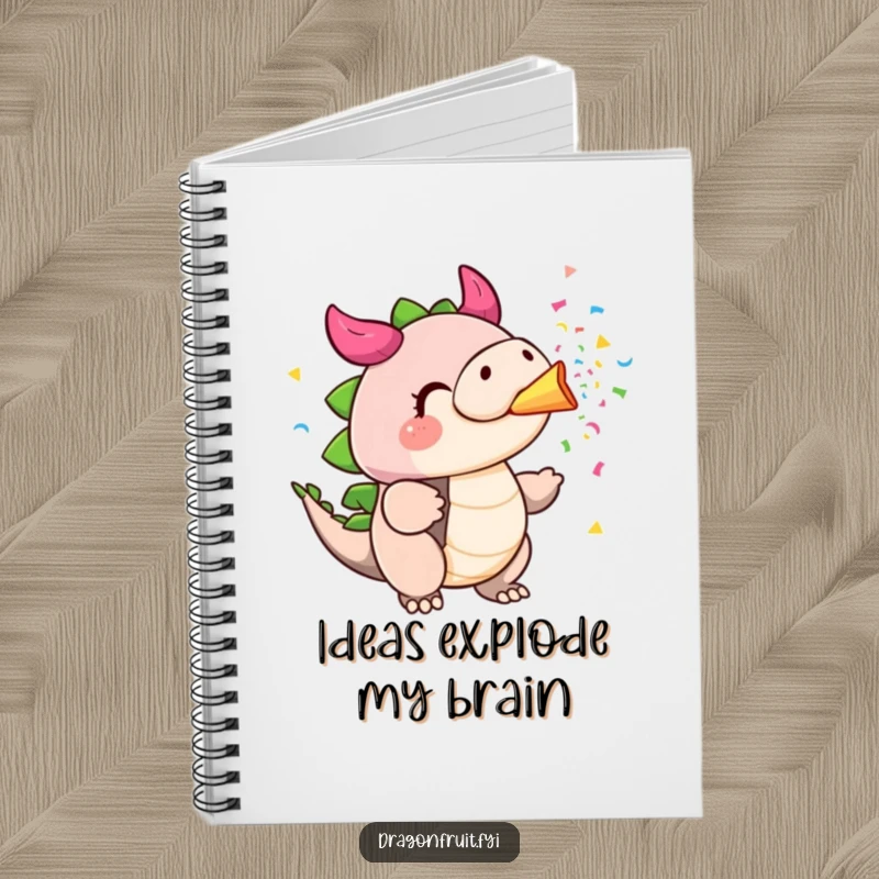 Funny dragonfruit notebook, cheeks puffed, blowing colorful confetti from its stem, perfect for notes and creative ideas.