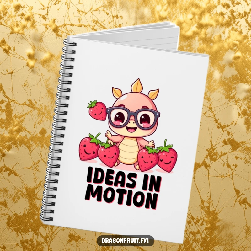 Funny notebook with a smiling dragonfruit wearing oversized glasses, juggling three strawberries, perfect for notes and doodles.