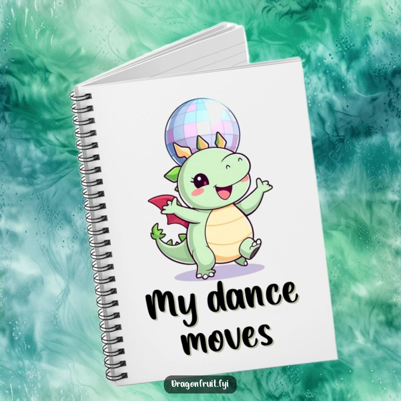 Funny notebook cover art of a round dragonfruit character happily dancing under a sparkling disco ball, promoting creativity.