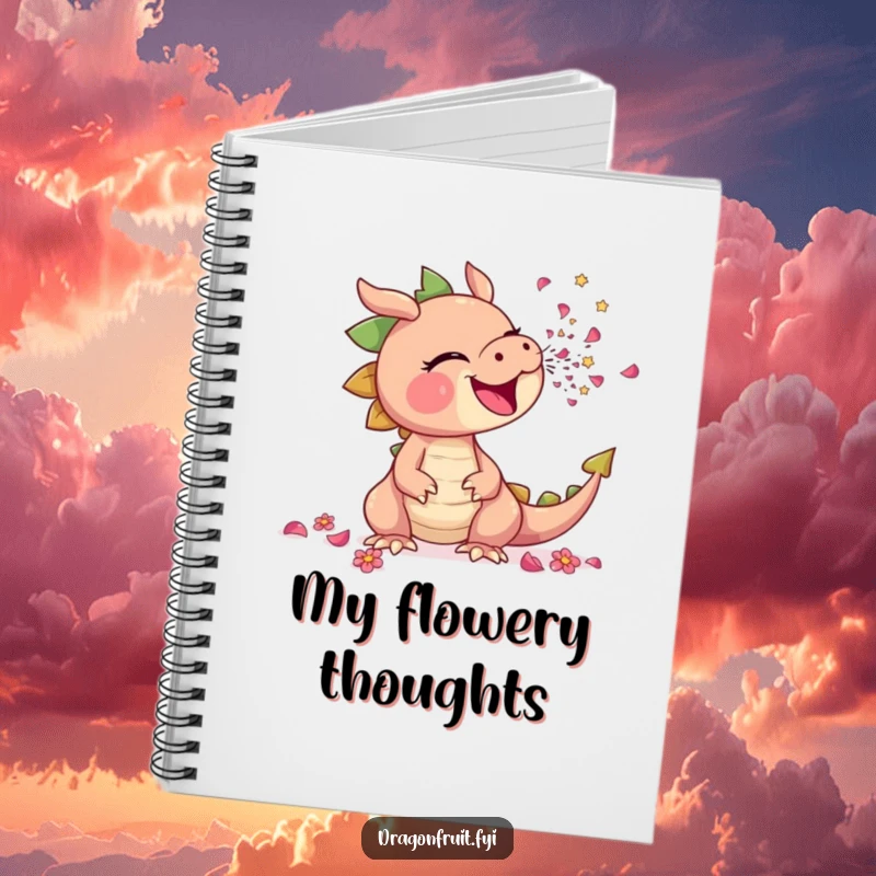 Funny notebook depicting a dragonfruit comically sneezing a shower of tiny flower petals, ideal for jotting floral thoughts.