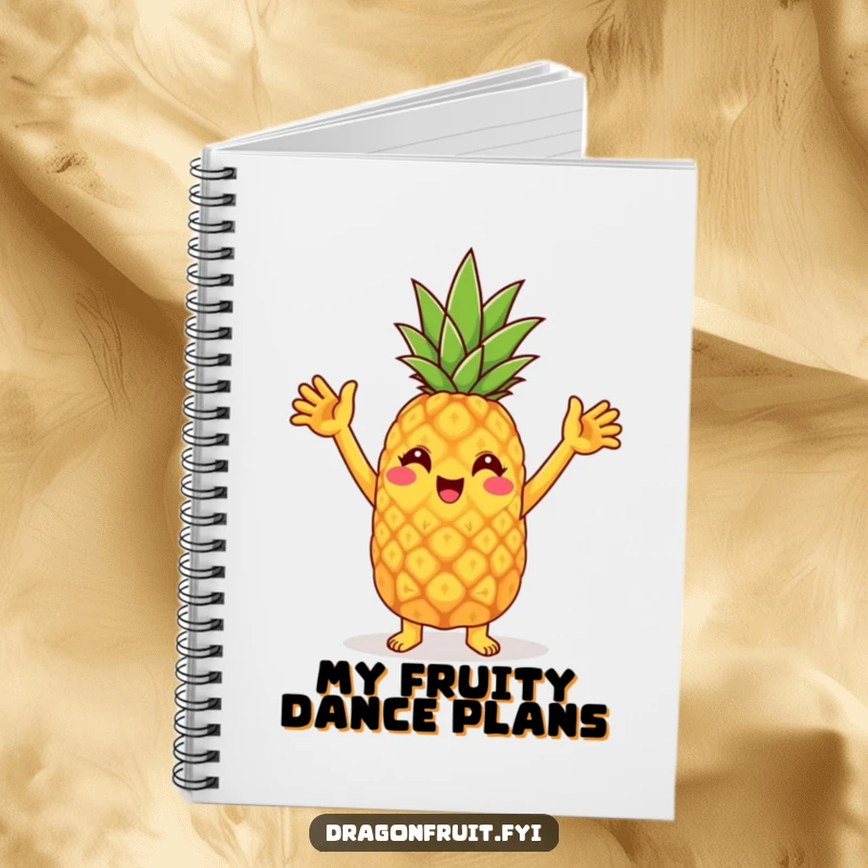 Funny notebook cover featuring a cheerful pineapple character doing a silly dance with raised arms, symbolizing fun and creativity.