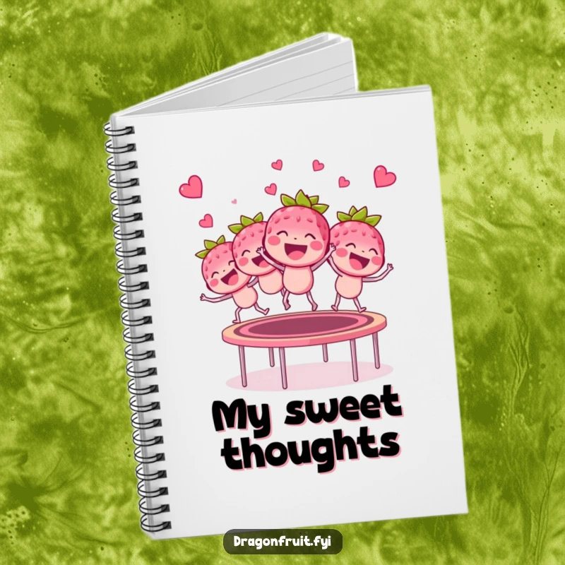 Funny giggling raspberry bunch notebook, bouncing on a trampoline, perfect for jotting down fun and berry-inspired ideas.