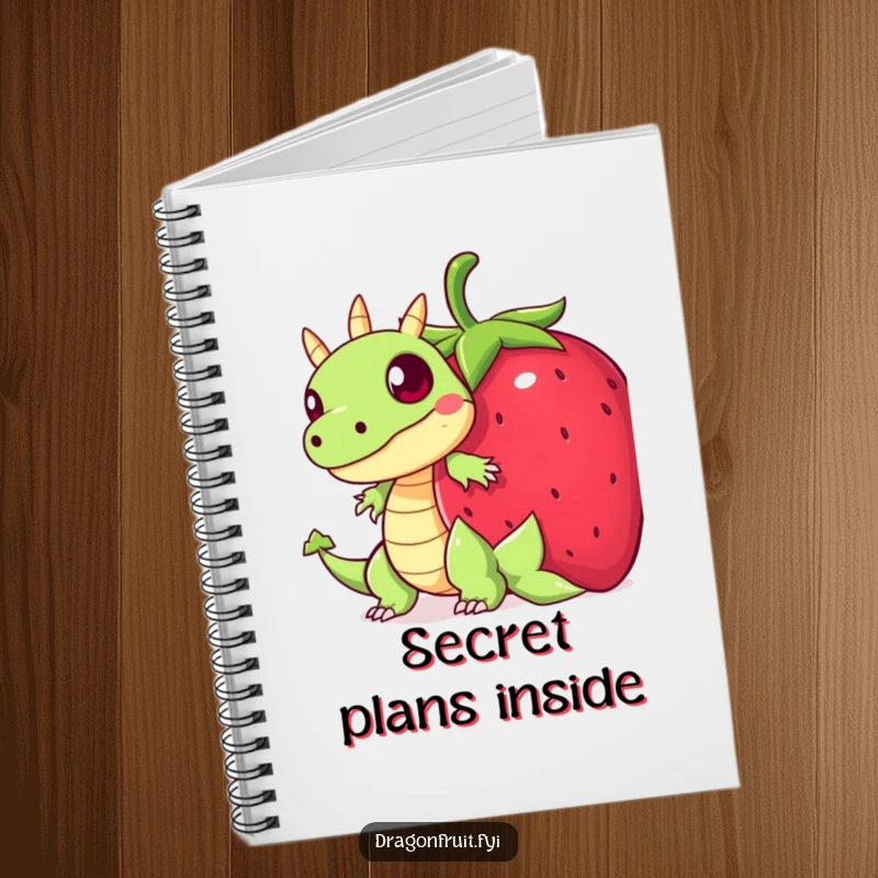 Funny notebook cover with a startled dragonfruit character hiding behind a giant strawberry, ideal for shy note-taking.