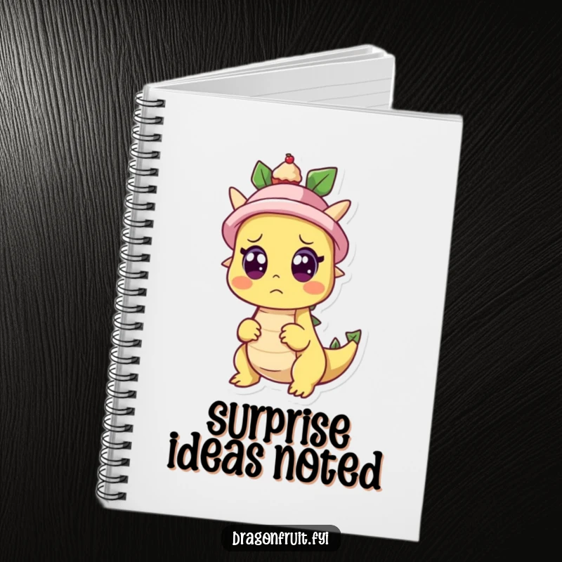 Funny notebook with a dragonfruit character looking surprised as a cupcake pops from a hat, perfect for note-taking with a touch of magic.