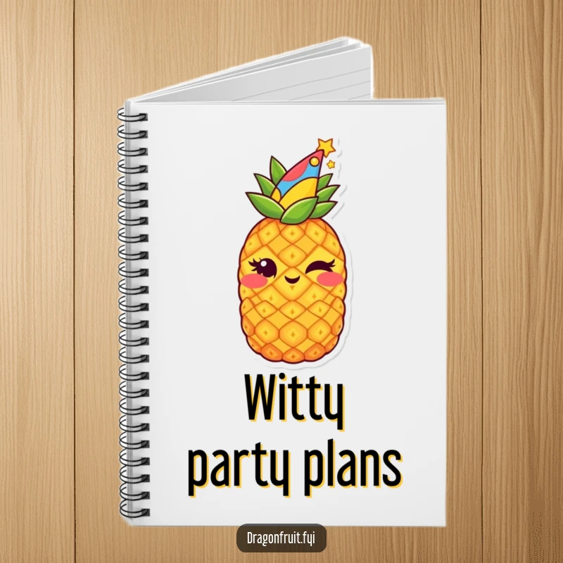 Funny notebook featuring a starry pineapple in a party hat, winking mischievously, perfect for notes and party ideas.