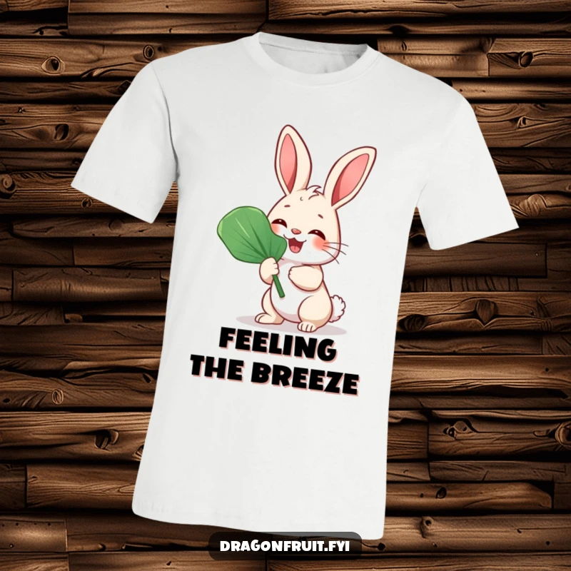Funny Bunny Rabbit Fan T-Shirt with a giggling rabbit fanning itself energetically with a large leaf.