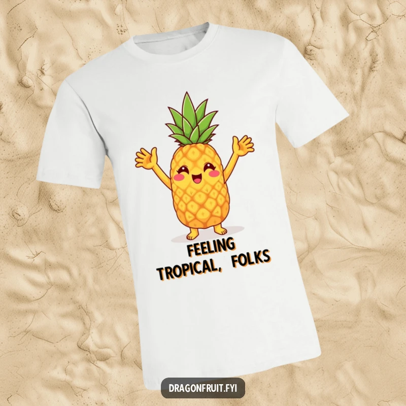 Funny T-shirt: a cheerful pineapple character energetically dancing with raised arms, radiating pure party happiness.